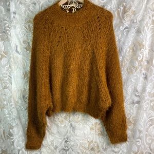Lush Camel Lilly Fuzzy Knit Sweater Boho Eyelash Drop shoulder balloon sleeve L